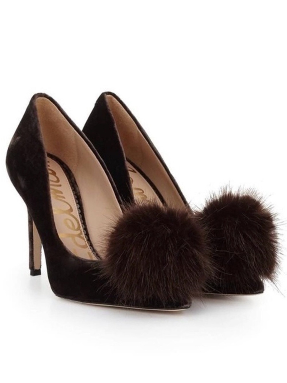 NEW Sam Edelman Dark Brown Velvet Pom-Pom Pointed Toe Heels